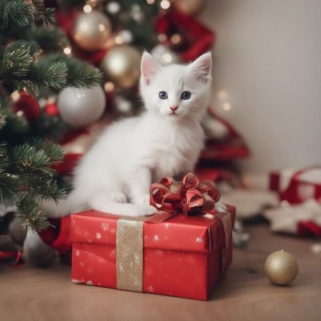 wit kitten op een kerstcadeau