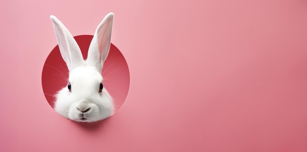 Wit konijn gluurt uit een rond gat op een roze achtergrondpanorama met ontmoeting voor uw tekst