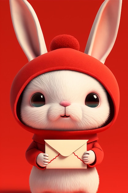 Wit konijn met een rode hoodie met een envelop generatieve ai