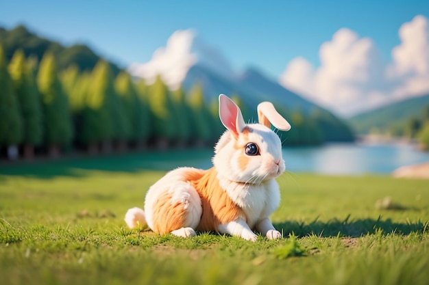 Wit konijn met lange oren spelen op het gras schattig huisdier konijn dier wallpaper achtergrond
