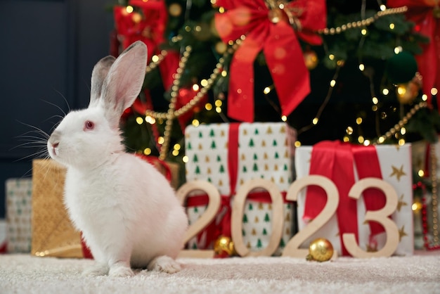 Wit konijn zit in de buurt van versierde kerstboom