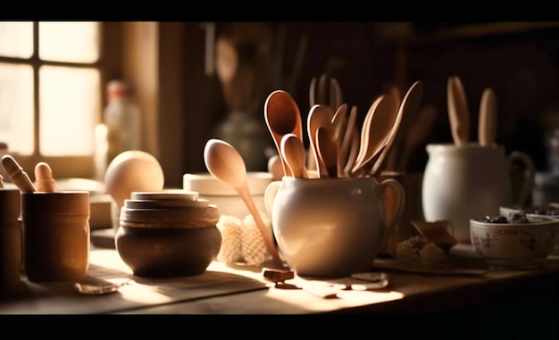 Wit kookgerei op een houten tafel in een donkere kamer met zonlicht