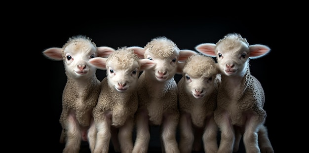 Wit lam geïsoleerd op zwarte achtergrond leuk portret van een pluizig schaap Close-up van een jong schaap kijken camera met kopie ruimte op zwarte achtergrond