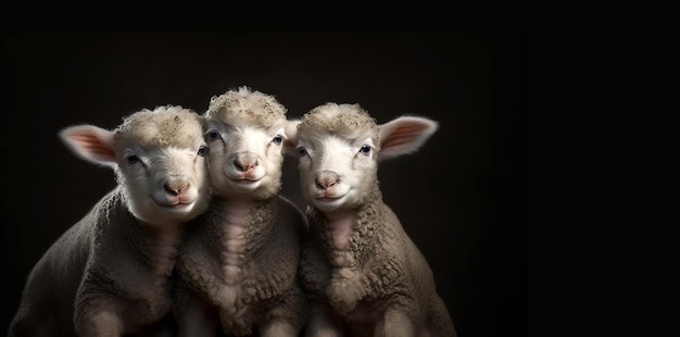 Wit lam geïsoleerd op zwarte achtergrond leuk portret van een pluizig schaap Close-up van een jong schaap kijken camera met kopie ruimte op zwarte achtergrond