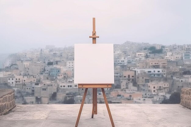 Wit leeg canvas op schildersezel oude stad op achtergrond