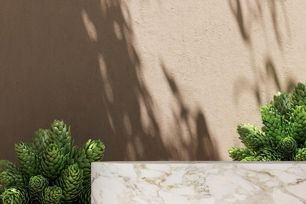 Wit mable platform en kleine planten op beige muurzonnescherm op achtergrond