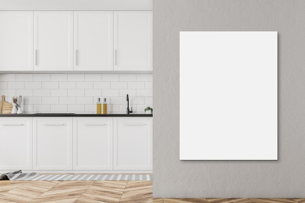 Wit minimalistisch keukeninterieur met witte muren, een houten vloer, witte werkbladen en kasten. Verticale affiche. 3D-rendering mock-up