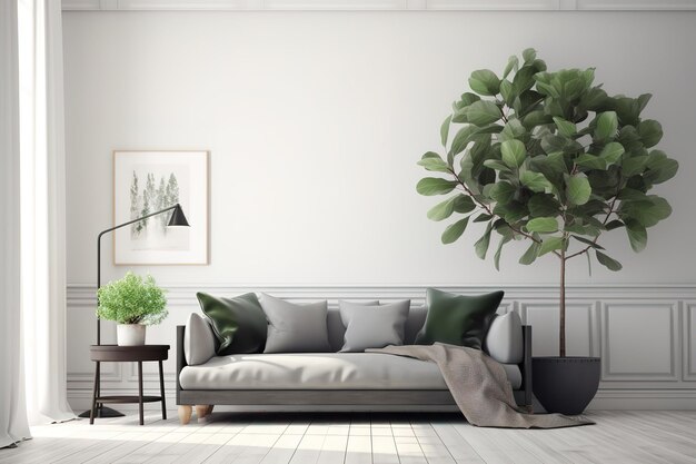 Wit minimalistisch woonkamerinterieur met bank op een houten vloerdecor Generatieve AI