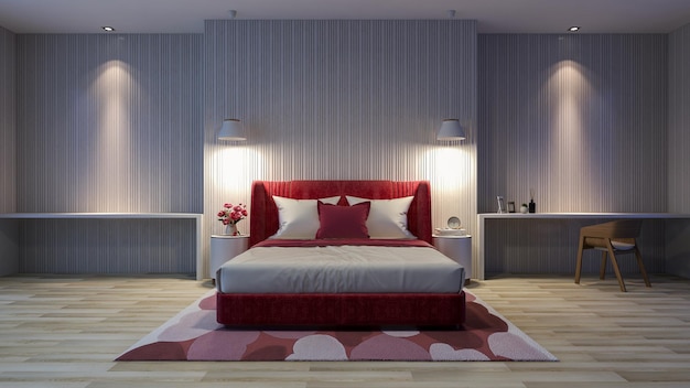 Wit modern slaapkamerinterieur met rood bed en tapijt in valentine-themakleur 3d rendering