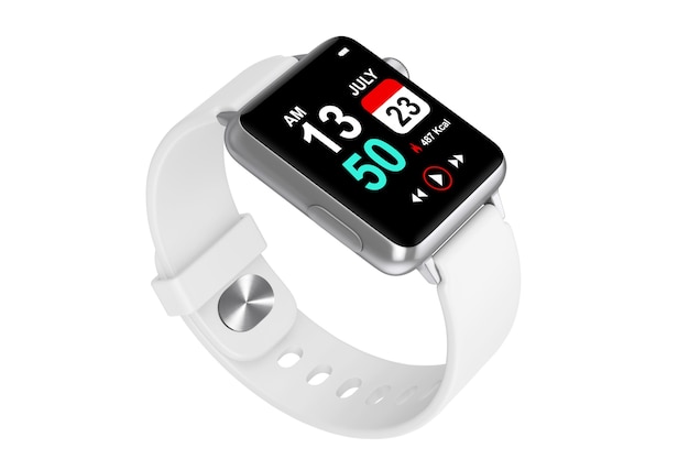 Wit modern slim horlogemodel met riem op een witte achtergrond. 3D-rendering