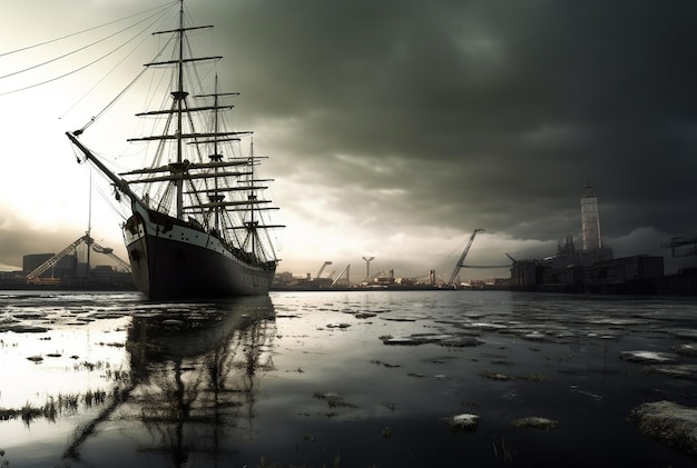 Wit oud zeilschip in post-apocalyptische haven Generatieve ai