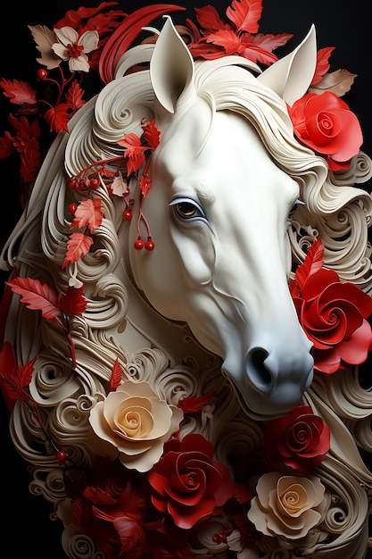 Wit paard omringd door rode en witte bloemen en bladeren Generatieve AI
