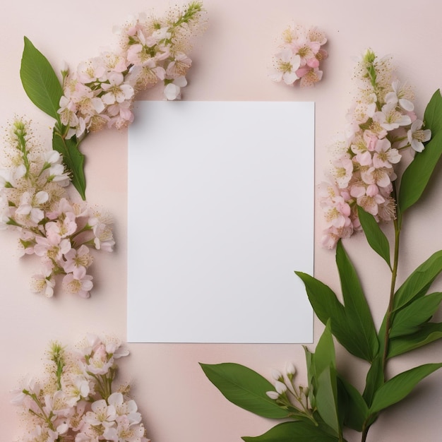 Wit papier op een roze pastelkleurige achtergrond met roze bloemen rond het mock-up