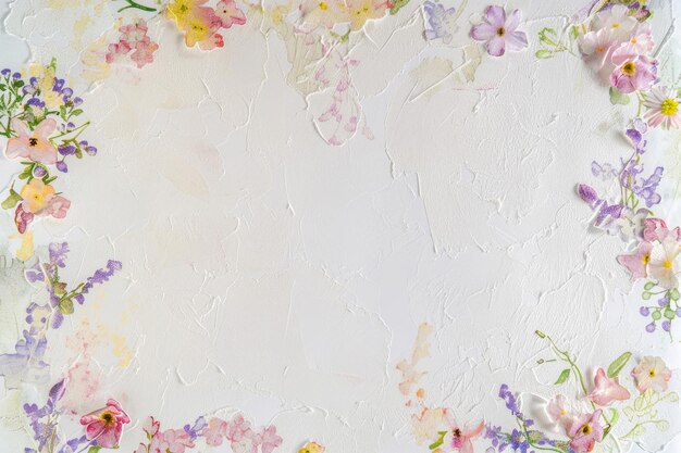 Wit papier versierd met een delicaat bloemenkader in zachte pastelkleuren