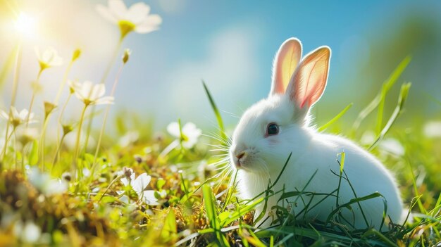 wit pluizige konijn zit in groen gras met bloemen in een weide op een zonnige warme lente of zomerdag