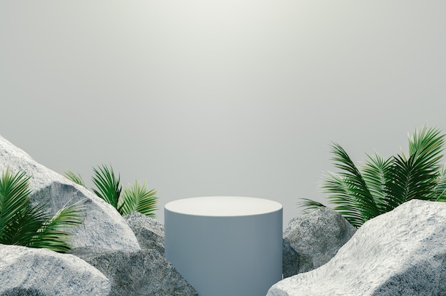 Wit podium met rotsen en planten op witte achtergrond, 3D-rendering.