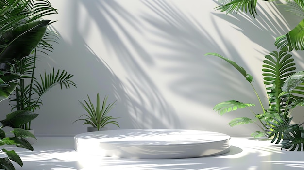 Wit podium met tropische bladeren 3D-weergave