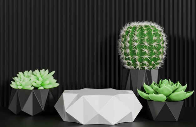 Foto wit prisma podium voor productpresentatie en cactus op zwarte gekartelde muur achtergrond minimaal style3d model en illustratie