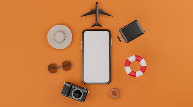 Wit scherm mobiel model met vliegtuig, opblaasbare zwemringen, camera, bagage, hoed en zonnebril