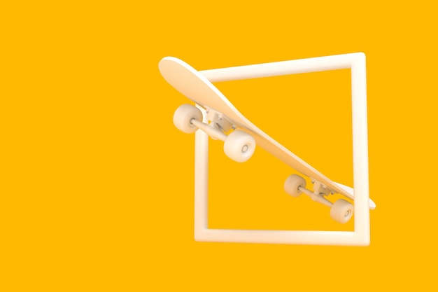 Wit skateboard in een frame op felgele achtergrond in pastelkleuren Minimalisme concept 3D