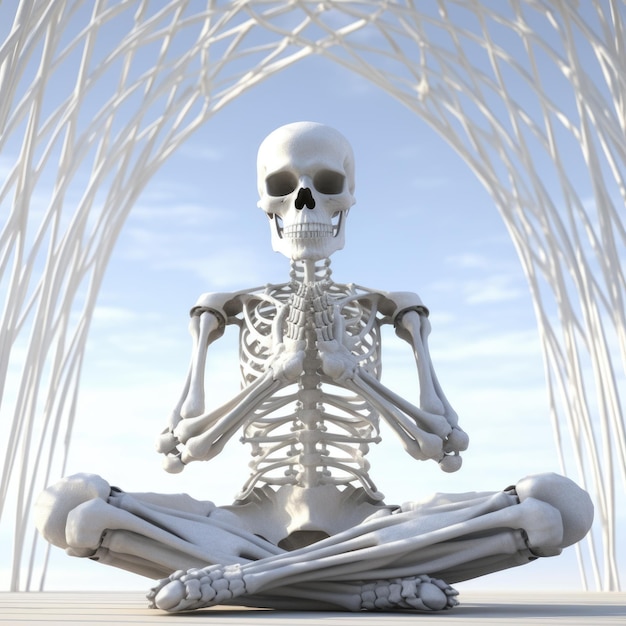 Wit skelet mediteren in isolatie voor ontspanning 3D weergegeven beeld