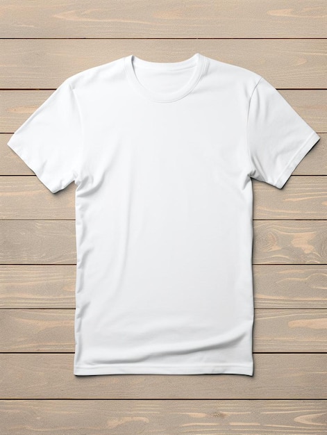 wit t-shirt met at-shirt op een houten achtergrond.