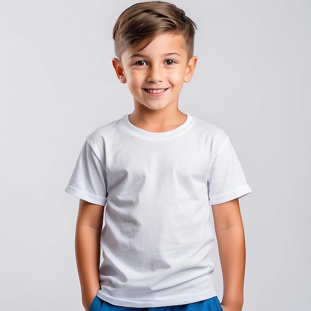 Wit T-shirt op een schattige jongen geïsoleerd op een witte achtergrond