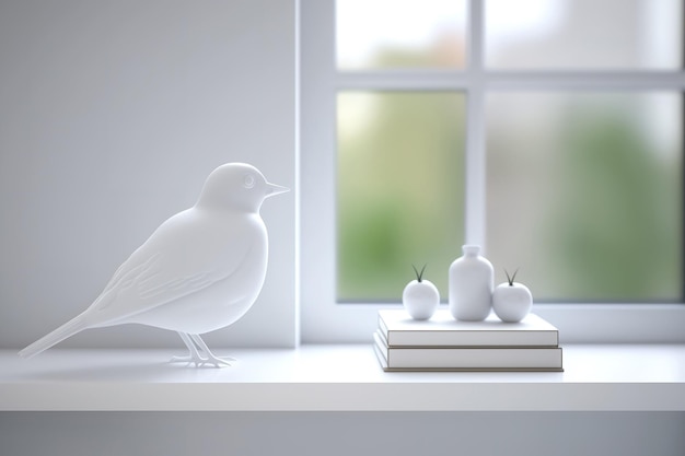 Wit tafelblad of plank met minimalistisch vogelornament birdie snuisterij over vage eigentijdse luxe slaapkamer met badkamer en groot panoramisch raam modern interieur illustratie