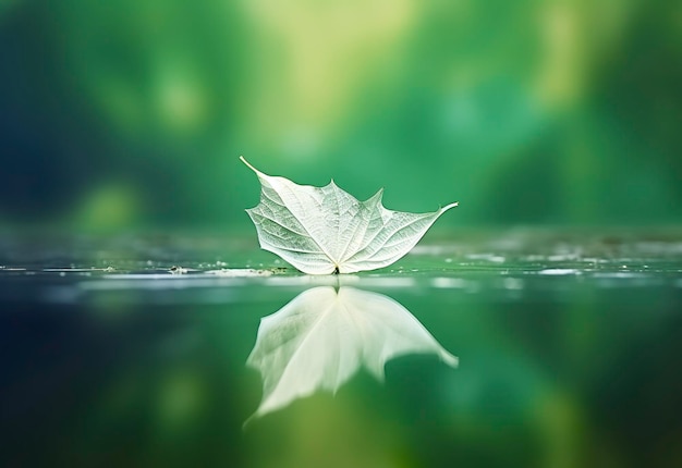 Foto wit transparant blad op spiegeloppervlak met reflectie op groene macro als achtergrond