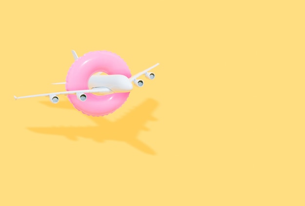 wit vliegtuig met een roze vlotter op een gele achtergrond reizen en zomer illustratie 3D-kopie ruimte
