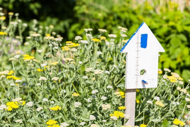 Wit vogelhuisje rond gele bloemen.