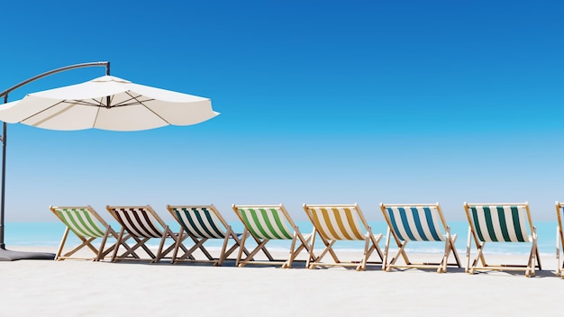 Wit zand en verschillende kleuren strandzonnebank 3d