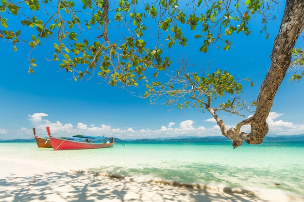 Wit zandstrand en langstaartboot op khang khao island (bat eiland)