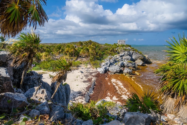 Wit zandstrand met rotsen en zeewier Maya-ruïnes in Tulum Riviera Maya Yucatan Caribische Zee Mexico