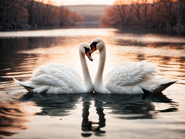 Foto wit zwaanpaar zwemt op het meer en vormt een liefdesvorm met zonsondergang boom bos achtergrond