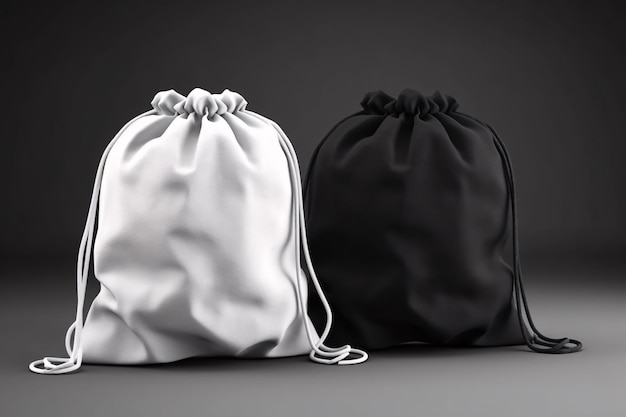 Foto wit zwarte rugzak tas aan een touw sport tas mockup op grijze muur achtergrond mock up sjabloon voor ontwerp op maat generatieve ai