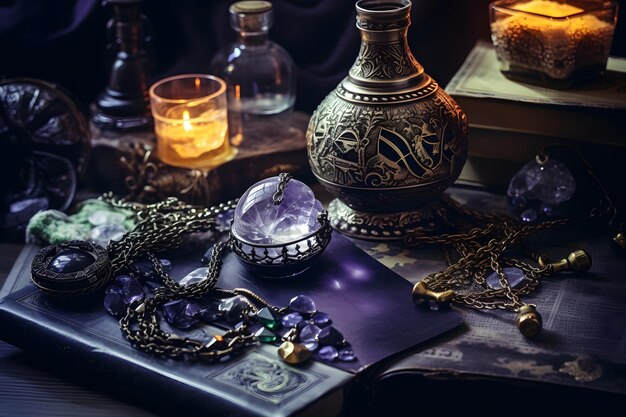 Photo witch accessories on a dark wooden table