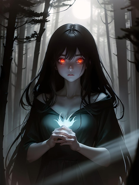 a witch anime girl with black hair and glowing red eyes in a forest holding a soul