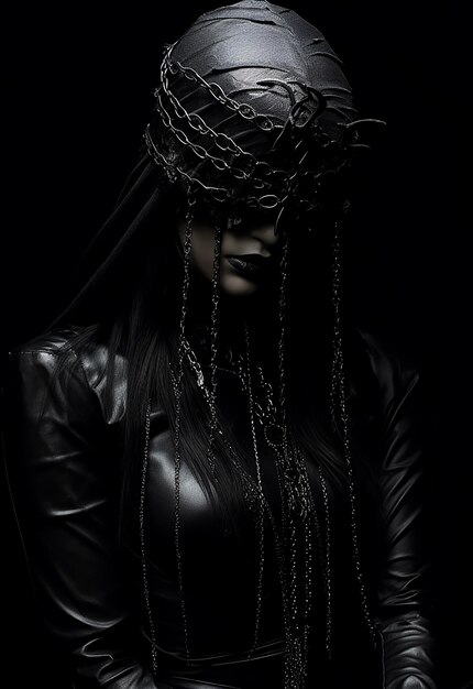 Ведьма в черных костюмах, металлические аксессуары с капюшоном, темное фэнтези, искусство, низкий свет, с завязанными глазами, в маске