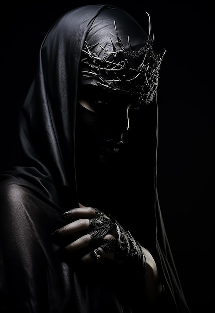 Witch in black costumes hood metal Accessories dark fantasy art low light blindfolded masked