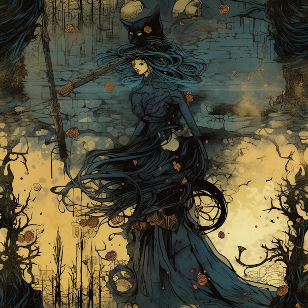 witch in a blue dress with a black hat and a broom generative ai