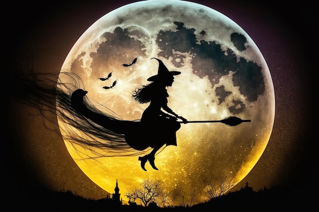 A witch on a broom flies against the backdrop of the moon on a full moon