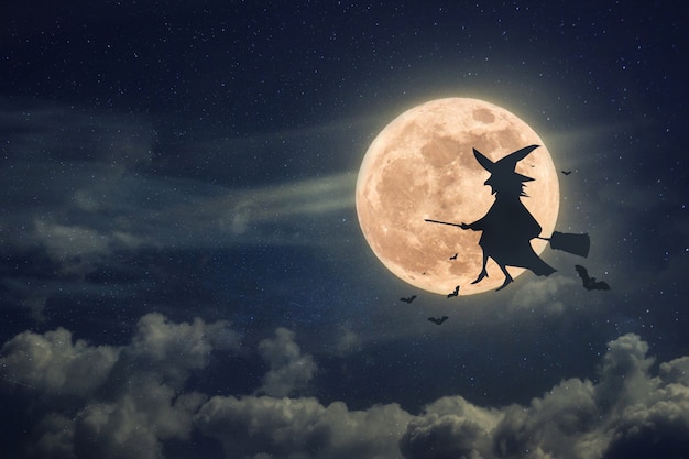 Photo witch on a broomstick with bats flies at night against a full moon background