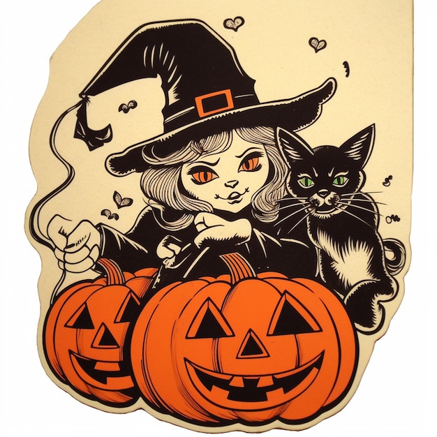 a witch and a cat are on a pumpkin.