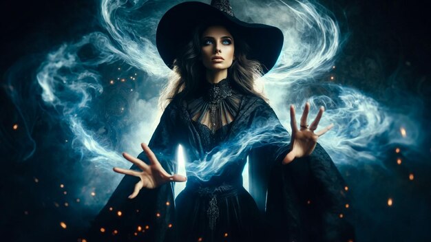 Photo witch commanding spectral storms in enigmatic dark elegance