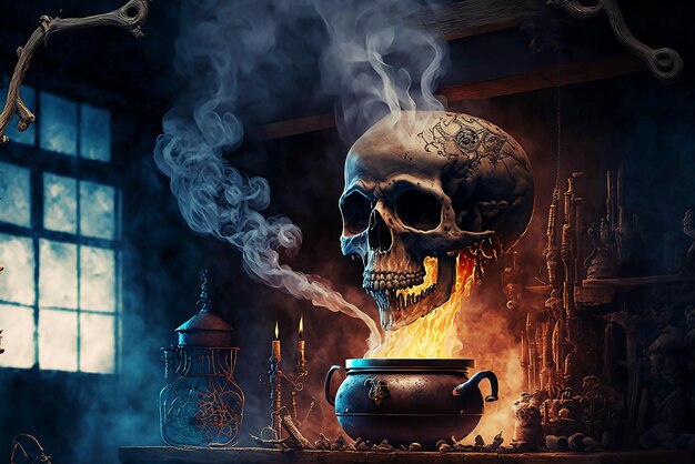 Witch cooking a skull digital art