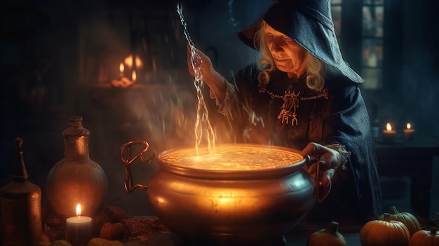 Photo a witch cooks a pot of food in a dark kitchen.