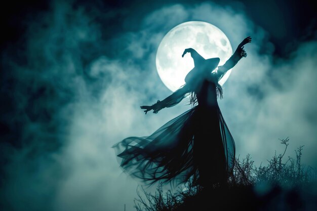 Witch in costume stands on top of hill against bright moon