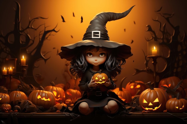 Witch and dark castle haunted in moonlight forest at night Halloween festival pumpkins background Created with Generative Ai Technology