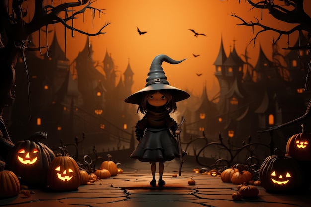 Witch and dark castle haunted in moonlight forest at night Halloween festival pumpkins background Created with Generative Ai Technology